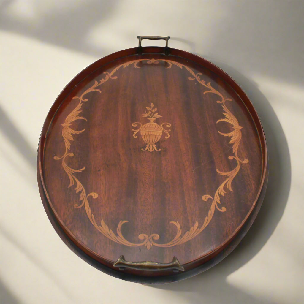 Edwardian Inlaid Mahogany Tray with Marquetry Urn Motif & Brass Handles, c.1900