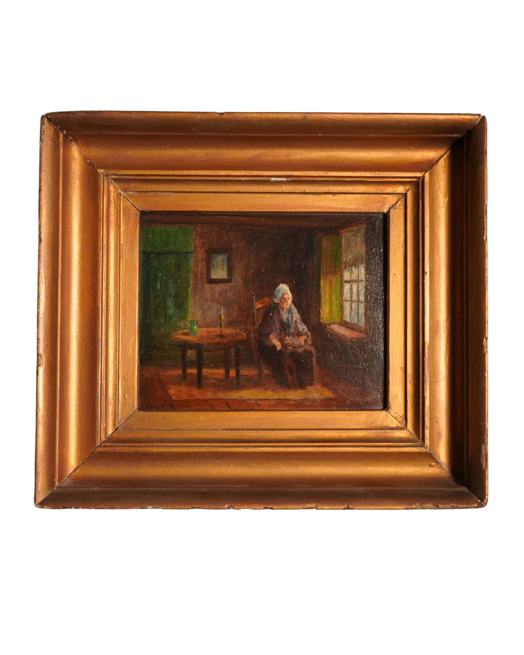 Antique Victorian Interior Scene Oil on Board, Small Antique English Oil Painting