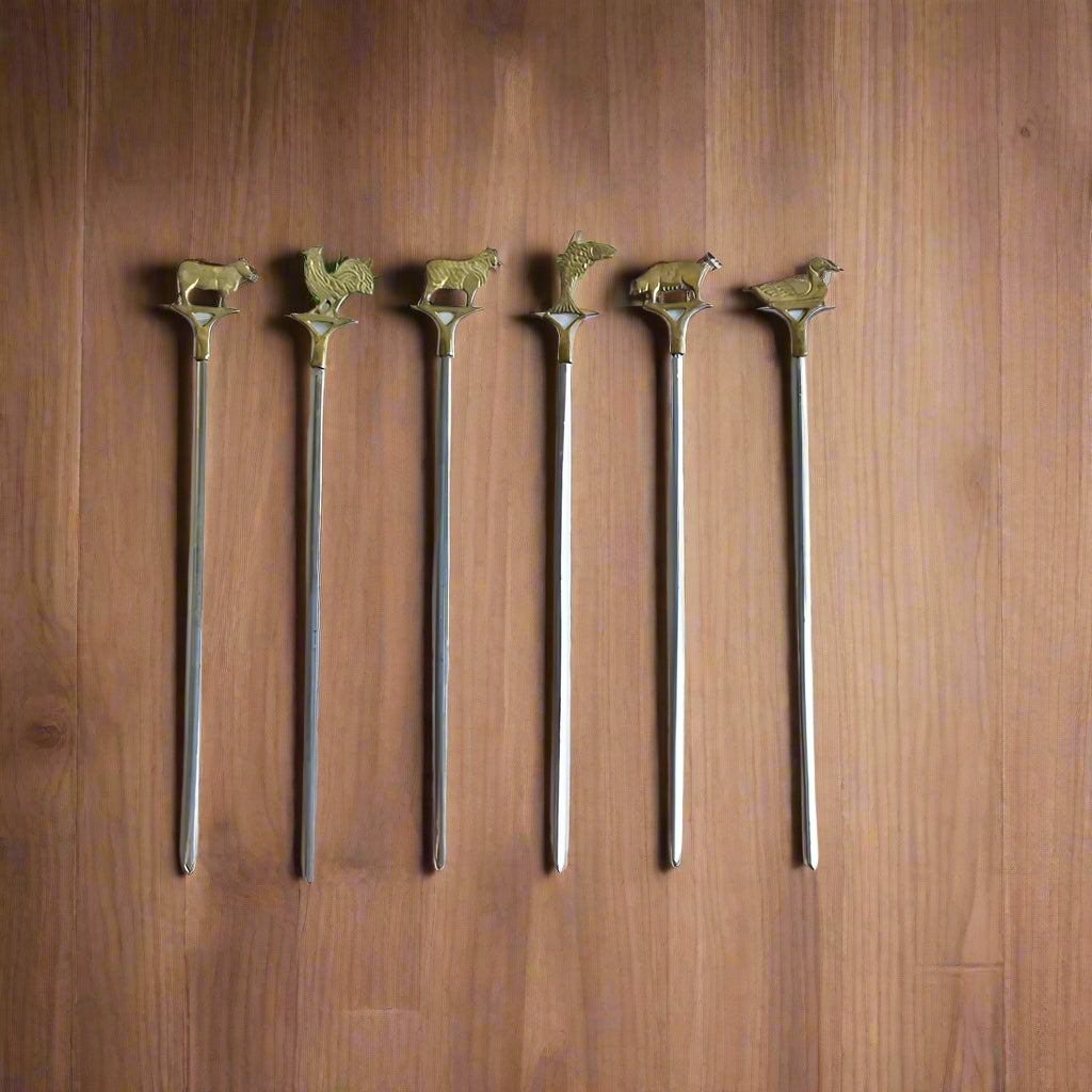 Mid-Century Brass Animal Meat Markers – Set of 6 Carving Skewers