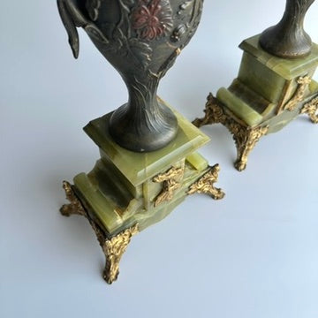 ^ Pair of Antique French Neoclassical Spelter and Onyx Urns with Gilt Brass Accents