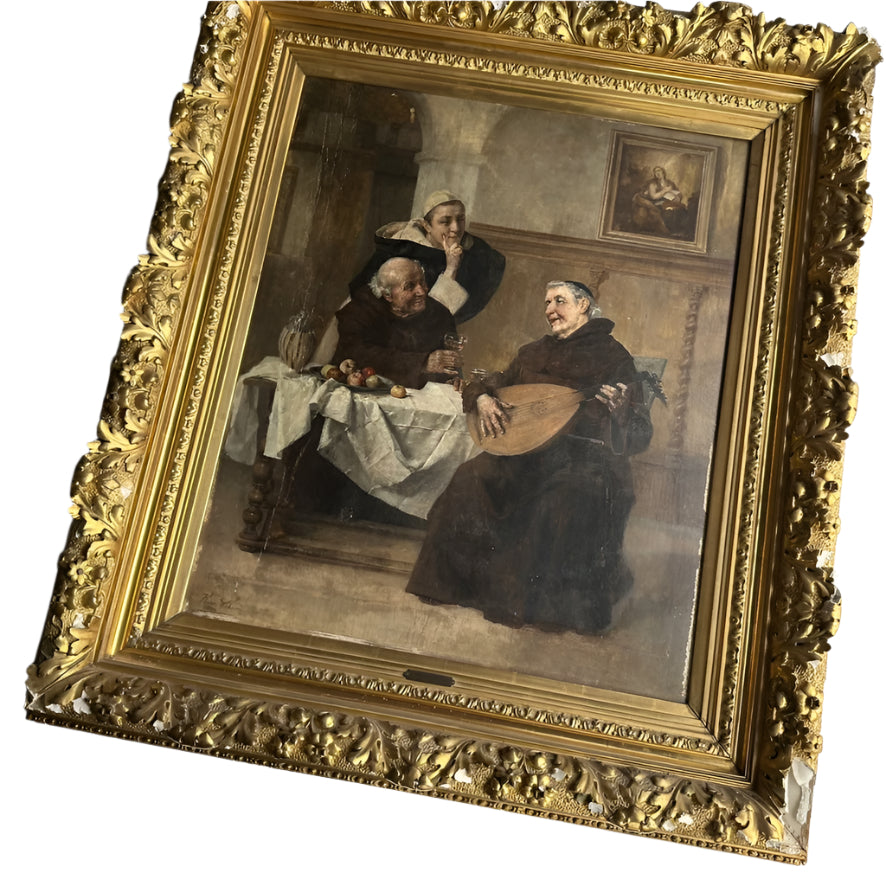 Late 1800s Monk Oil Painting Attributed to Heinrich Weber (1843-1913) in Ornate Gilded Frame