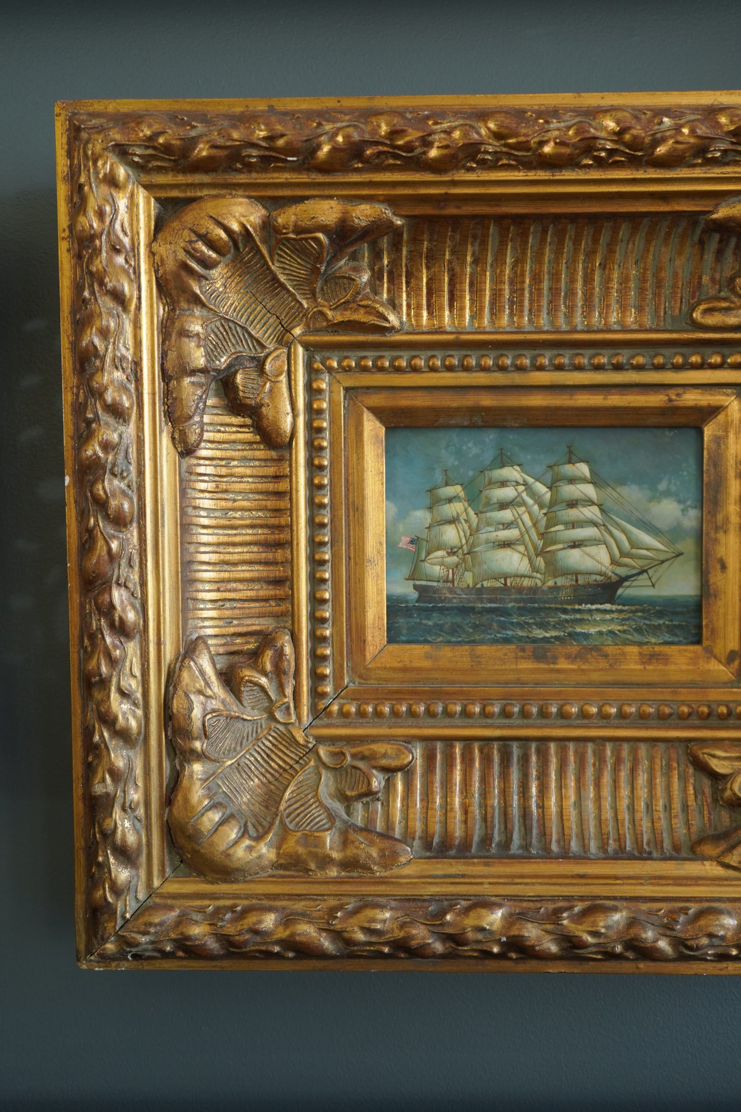 Mid-Century Hand-Painted Maritime Oil on Board in Ornate Carved Frame | American Clipper Ship Scene