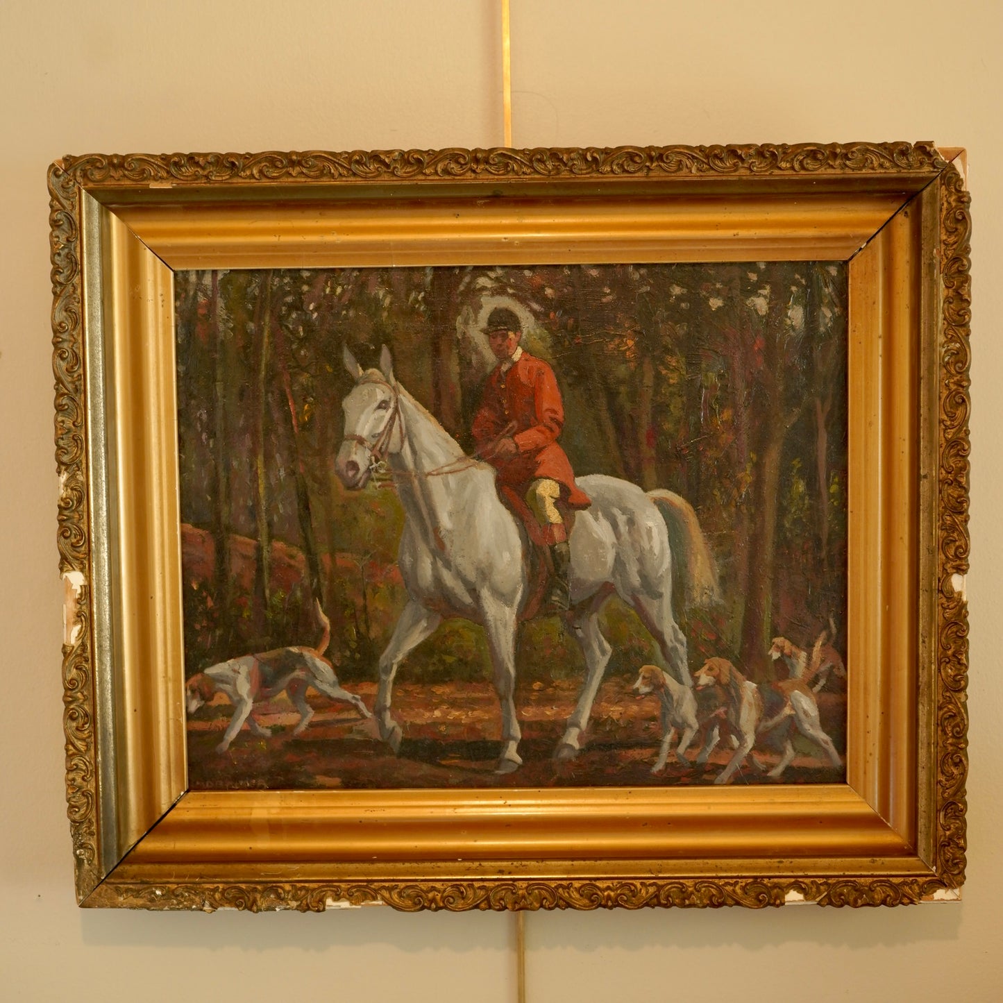“Fox Hunt” Original British Sporting Art by Geoffrey Mortimer (1895–1986) – Mid 20th-Century British Equestrian Oil Painting in Antique Gilt Frame