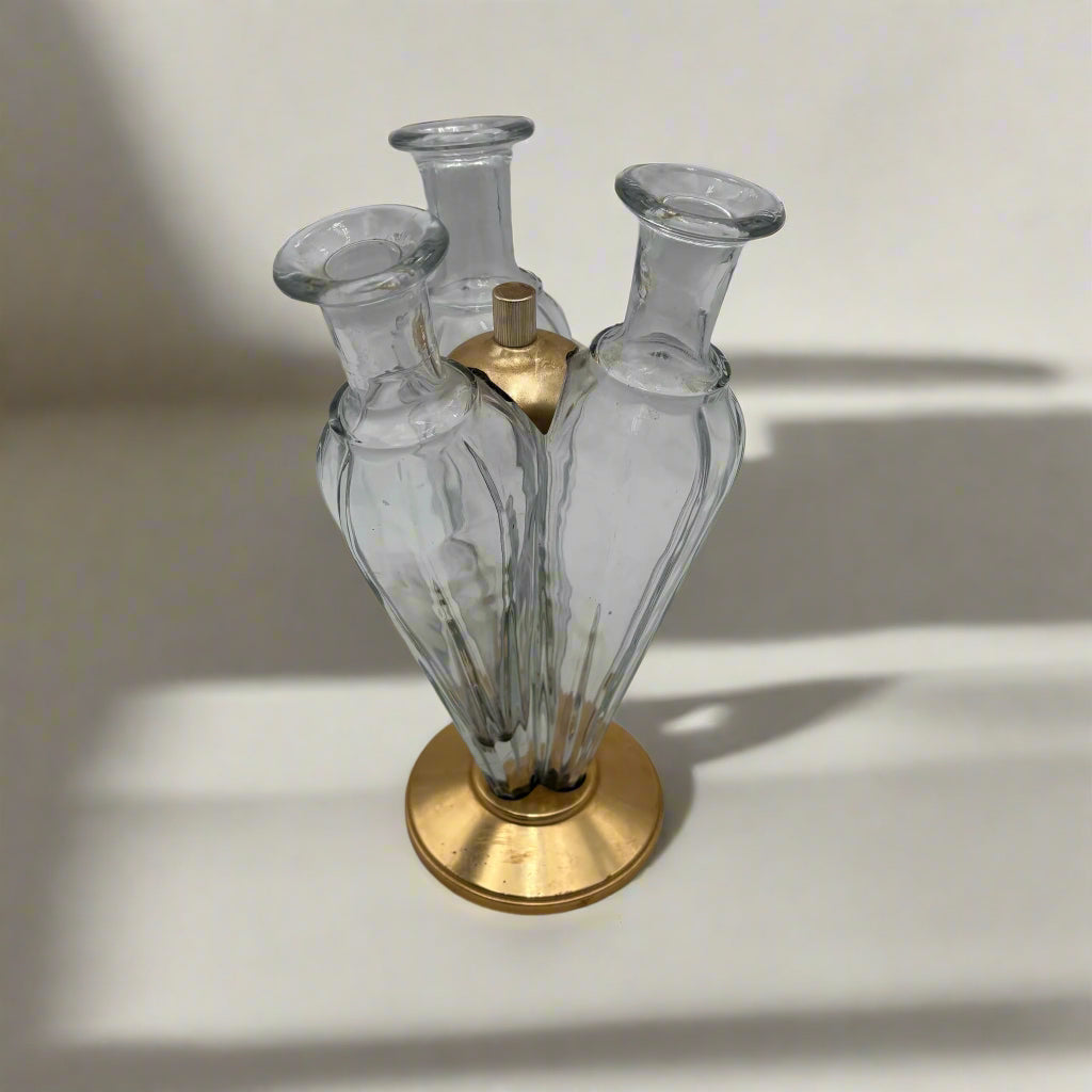 Vintage Triple Bud Vase | Mid Century Modern Glass Flutes on Gilded Base