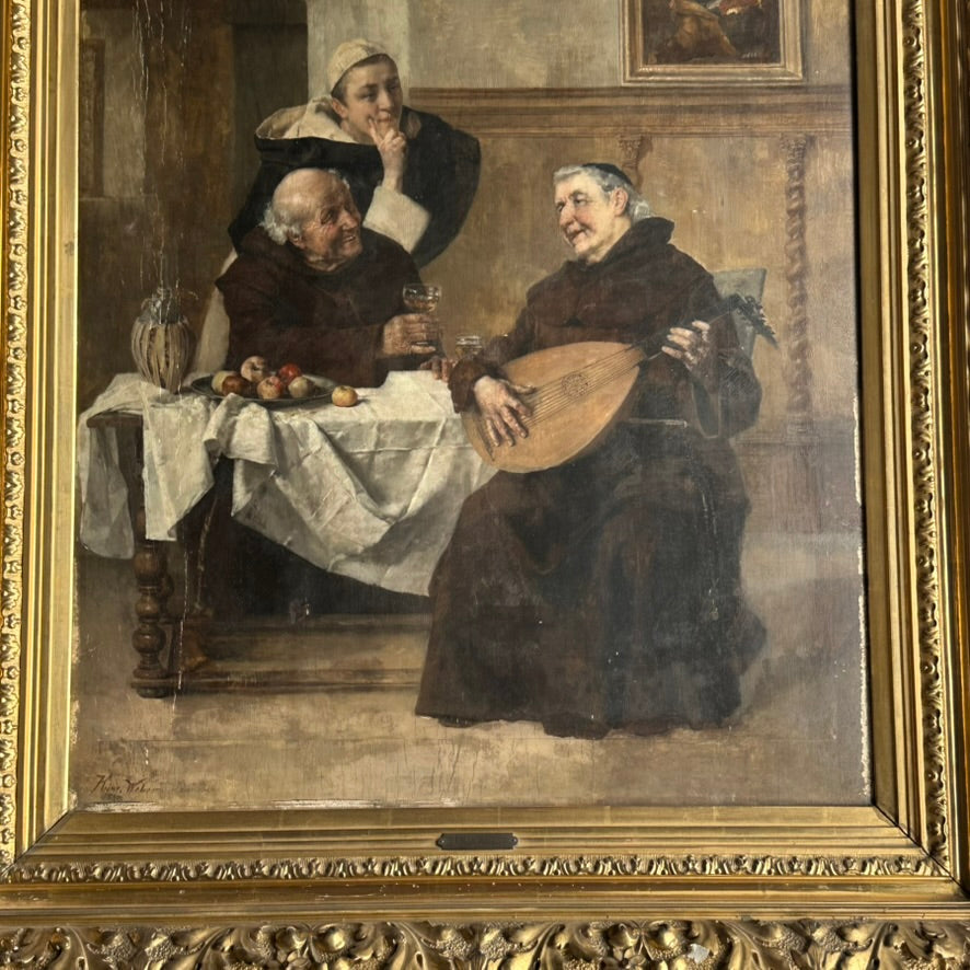 Late 1800s Monk Oil Painting Attributed to Heinrich Weber (1843-1913) in Ornate Gilded Frame