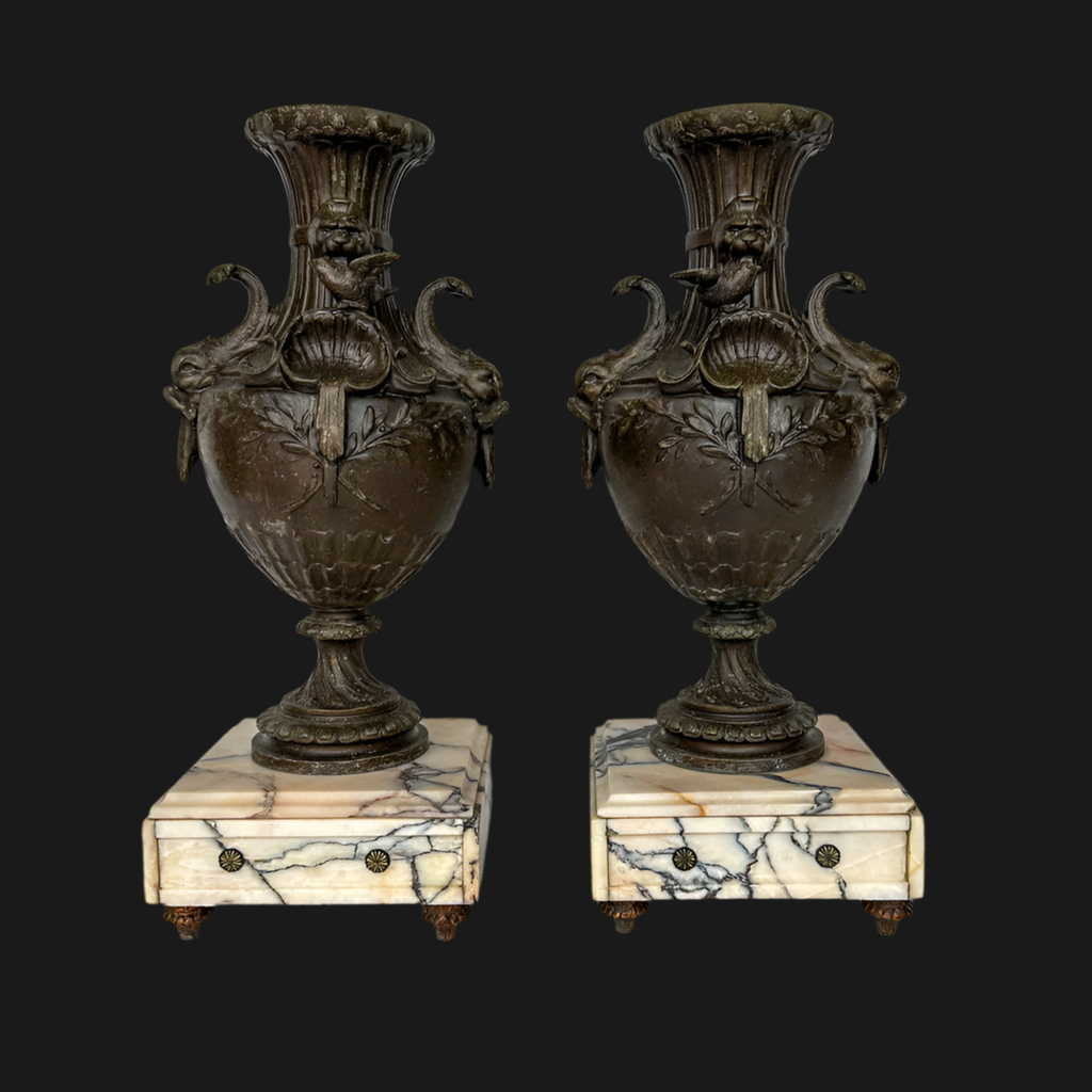 ^ Pair of 19th Century French Napoleon III Style Spelter & Marble Urns