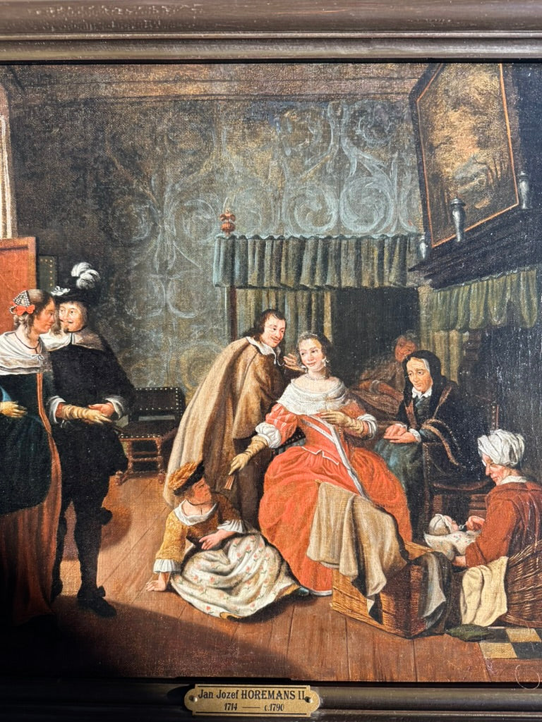 "Meeting in the Parlour" Oil on Canvas Attributed to Jan Josef Horemans (Belgium artist, 1714-1790)