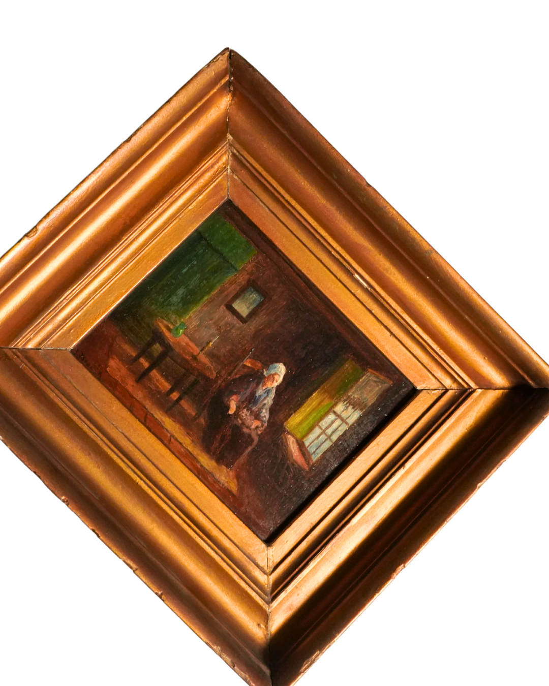 Antique Victorian Interior Scene Oil on Board, Small Antique English Oil Painting