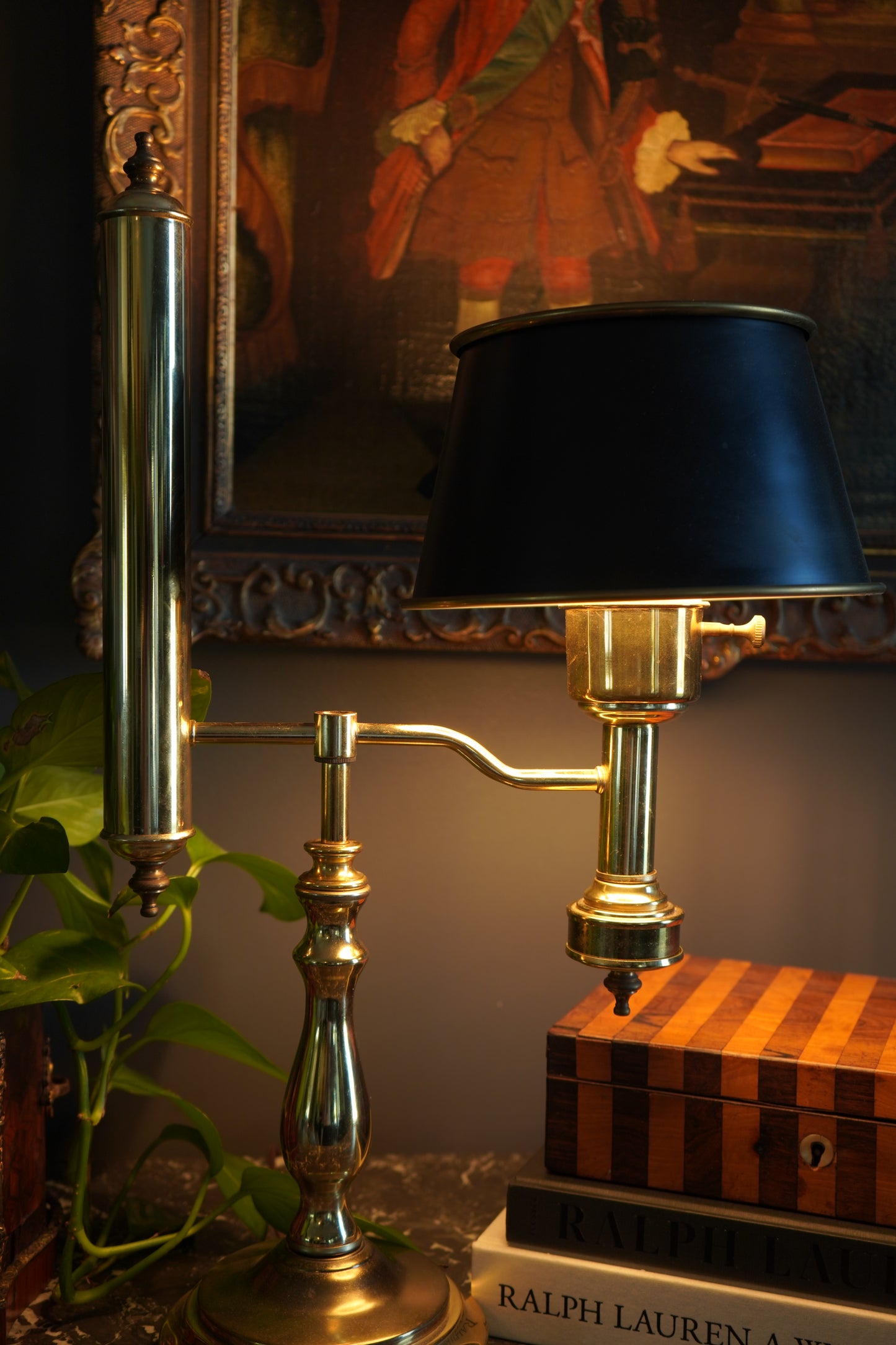 Vintage Brass Student Lamp with Metal Shade, Large