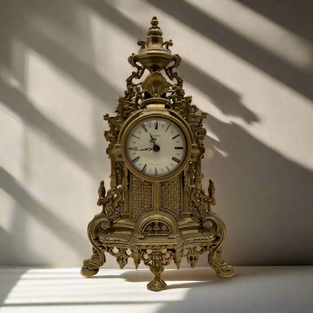 Ornate Vintage Rococo-Revival Gilt-Metal Mantel Clock