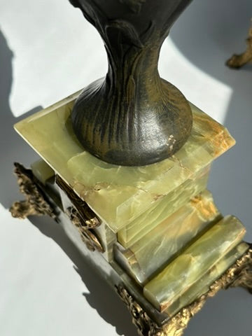 ^ Pair of Antique French Neoclassical Spelter and Onyx Urns with Gilt Brass Accents