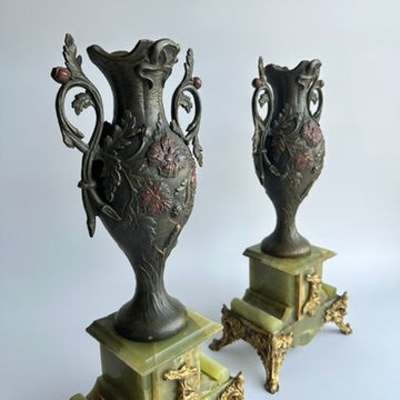 ^ Pair of Antique French Neoclassical Spelter and Onyx Urns with Gilt Brass Accents