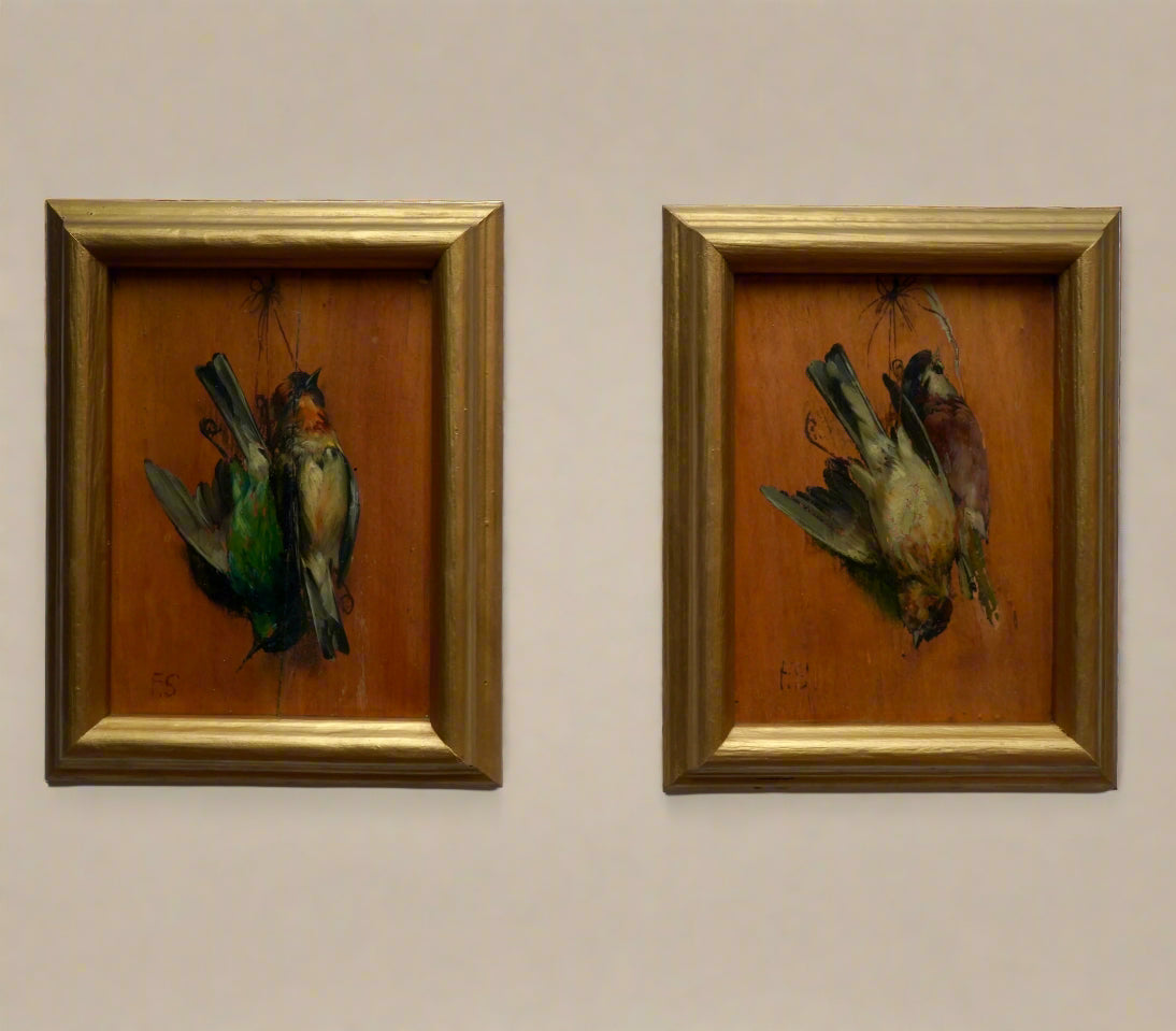 Pair of French “Art Mort” Oil Studies – 1920s Trompe-l’Œil Bird Paintings on Wood Panel, Signed F.S.