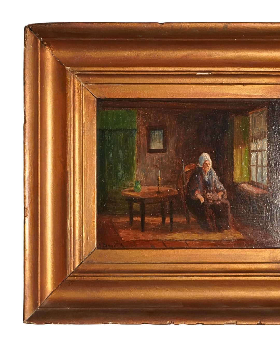 Antique Victorian Interior Scene Oil on Board, Small Antique English Oil Painting
