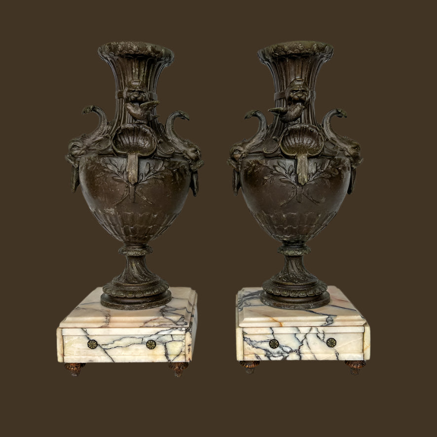 ^ Pair of 19th Century French Napoleon III Style Spelter & Marble Urns