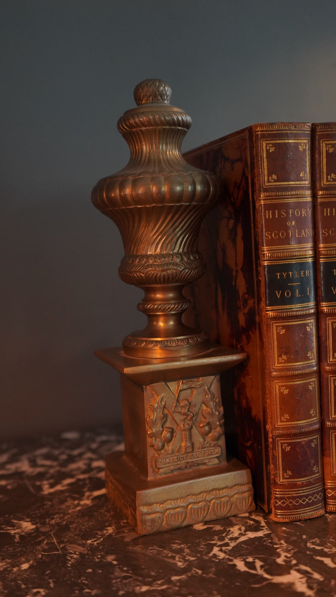 Pair of Antique Brass "Tyneside Scottish" Regimental Urn Bookends – Circa Early 20th Century
