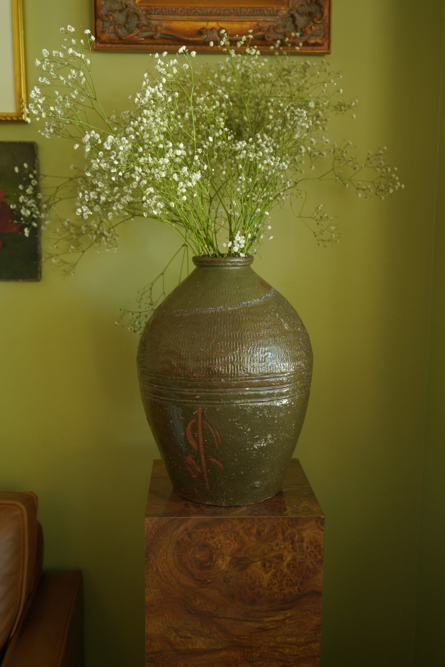 Vintage Green Asian Mijiu Jar, Large Vintage Chinese Oil Jar