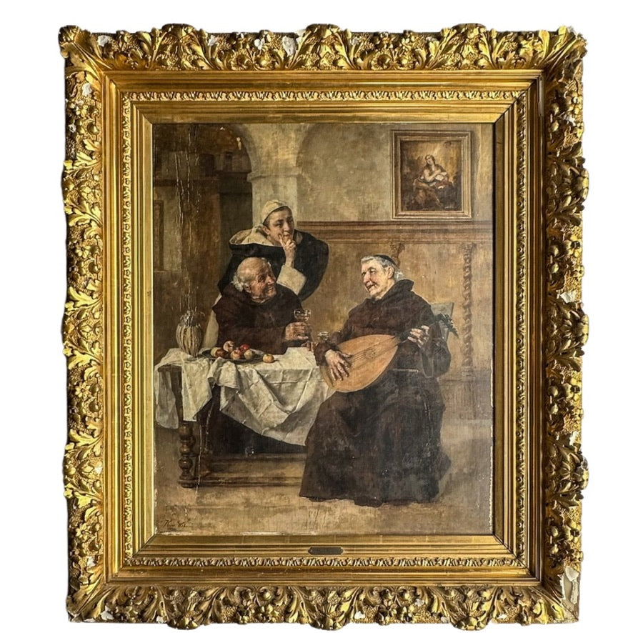 Late 1800s Monk Oil Painting Attributed to Heinrich Weber (1843-1913) in Ornate Gilded Frame