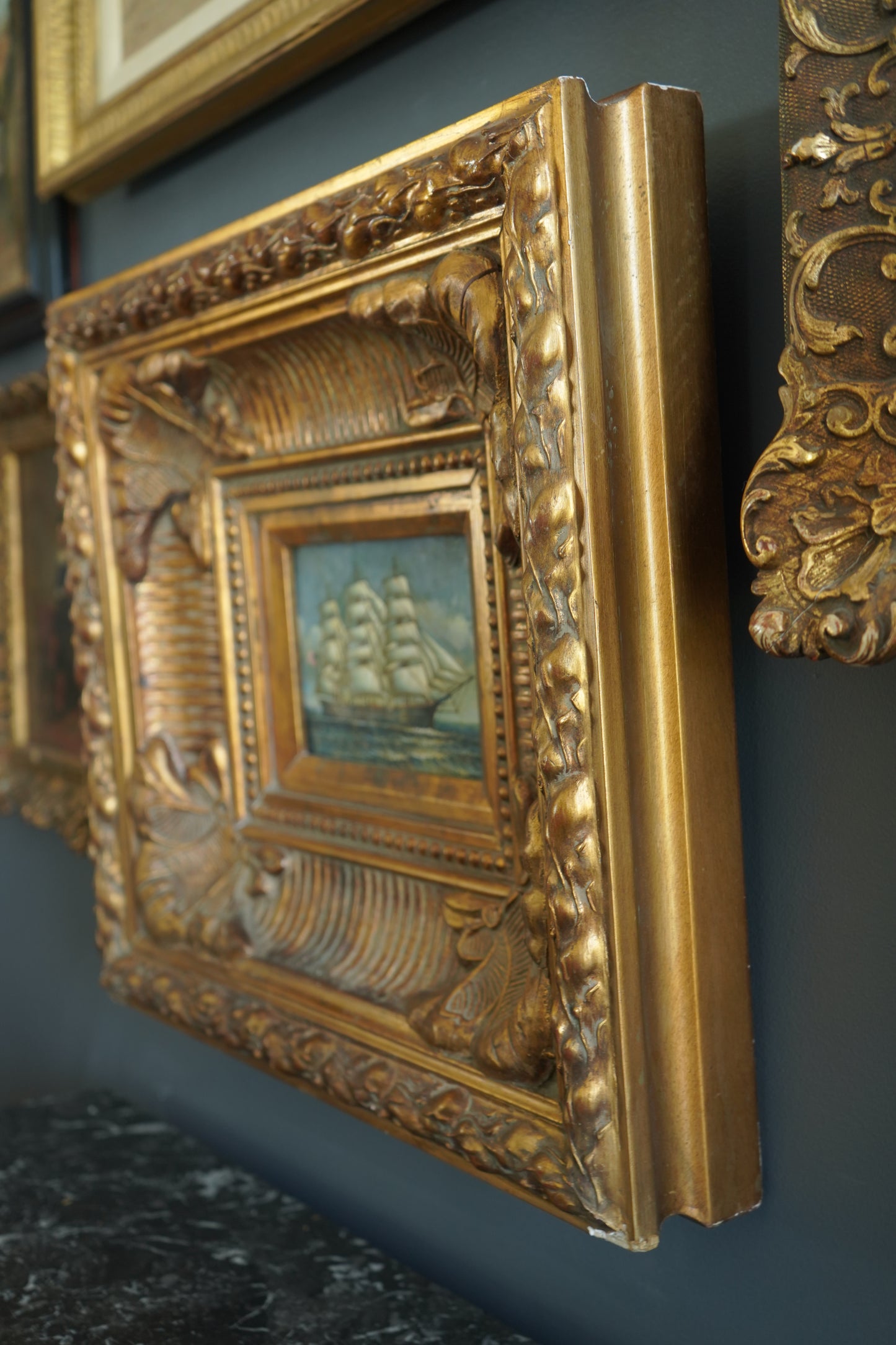 Mid-Century Hand-Painted Maritime Oil on Board in Ornate Carved Frame | American Clipper Ship Scene