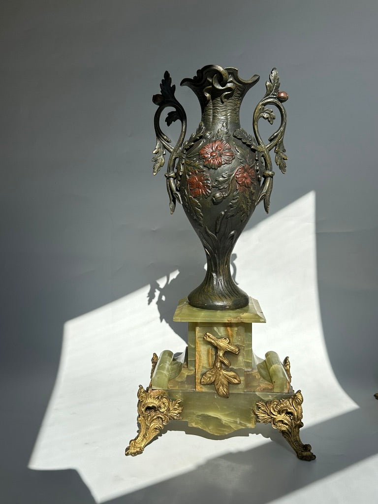 ^ Pair of Antique French Neoclassical Spelter and Onyx Urns with Gilt Brass Accents