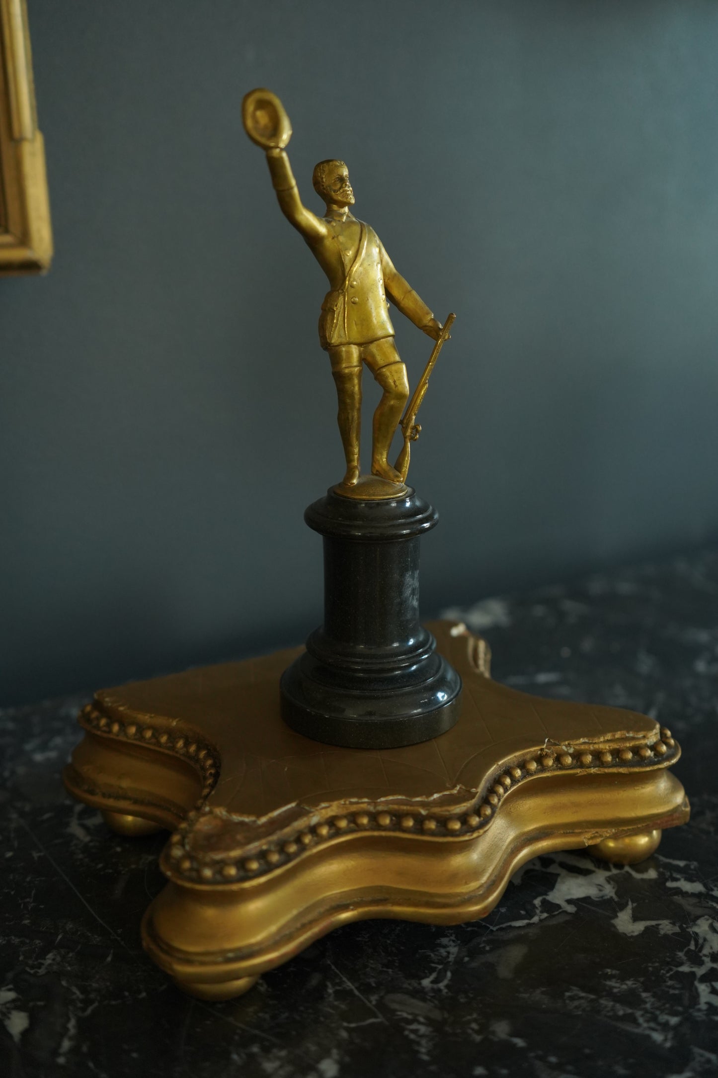 Small Antique Gilt Bronze ‘Gentleman Officer’ Figurine on a Black Marble Base