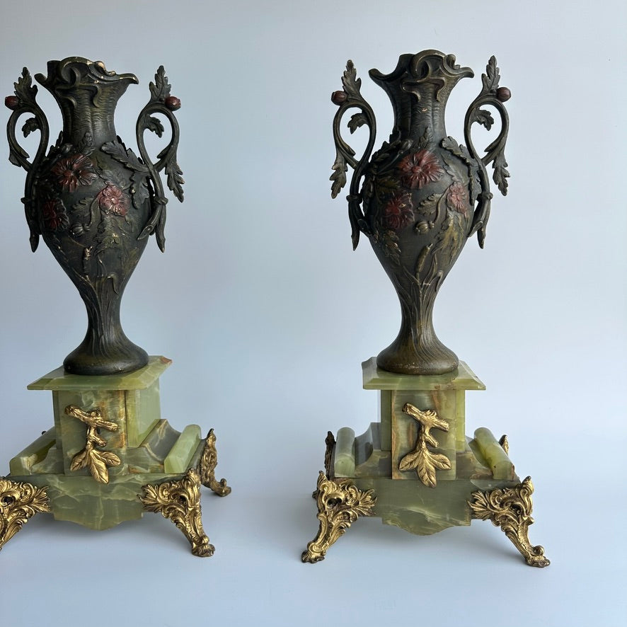 ^ Pair of Antique French Neoclassical Spelter and Onyx Urns with Gilt Brass Accents
