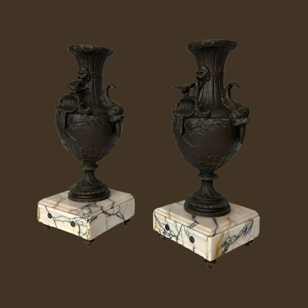^ Pair of 19th Century French Napoleon III Style Spelter & Marble Urns