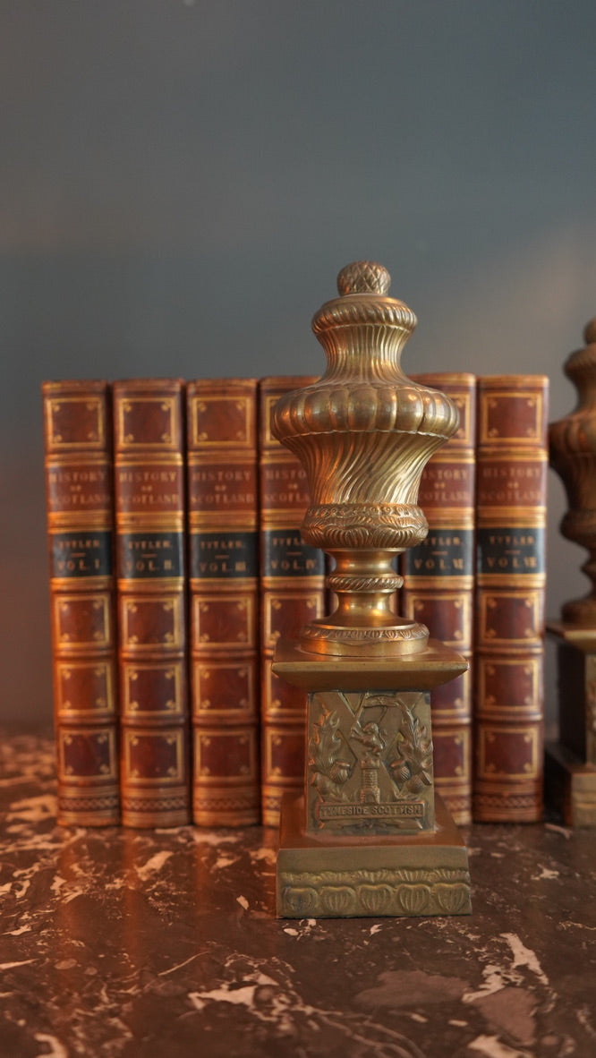 Pair of Antique Brass "Tyneside Scottish" Regimental Urn Bookends – Circa Early 20th Century