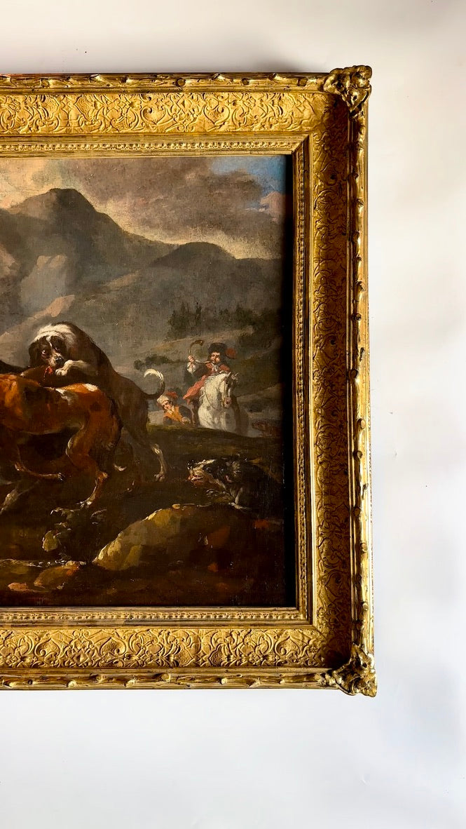 “Hounds Hunting Stag” – 18th Century French Oil Painting Attributed to the Fontainebleau Tradition