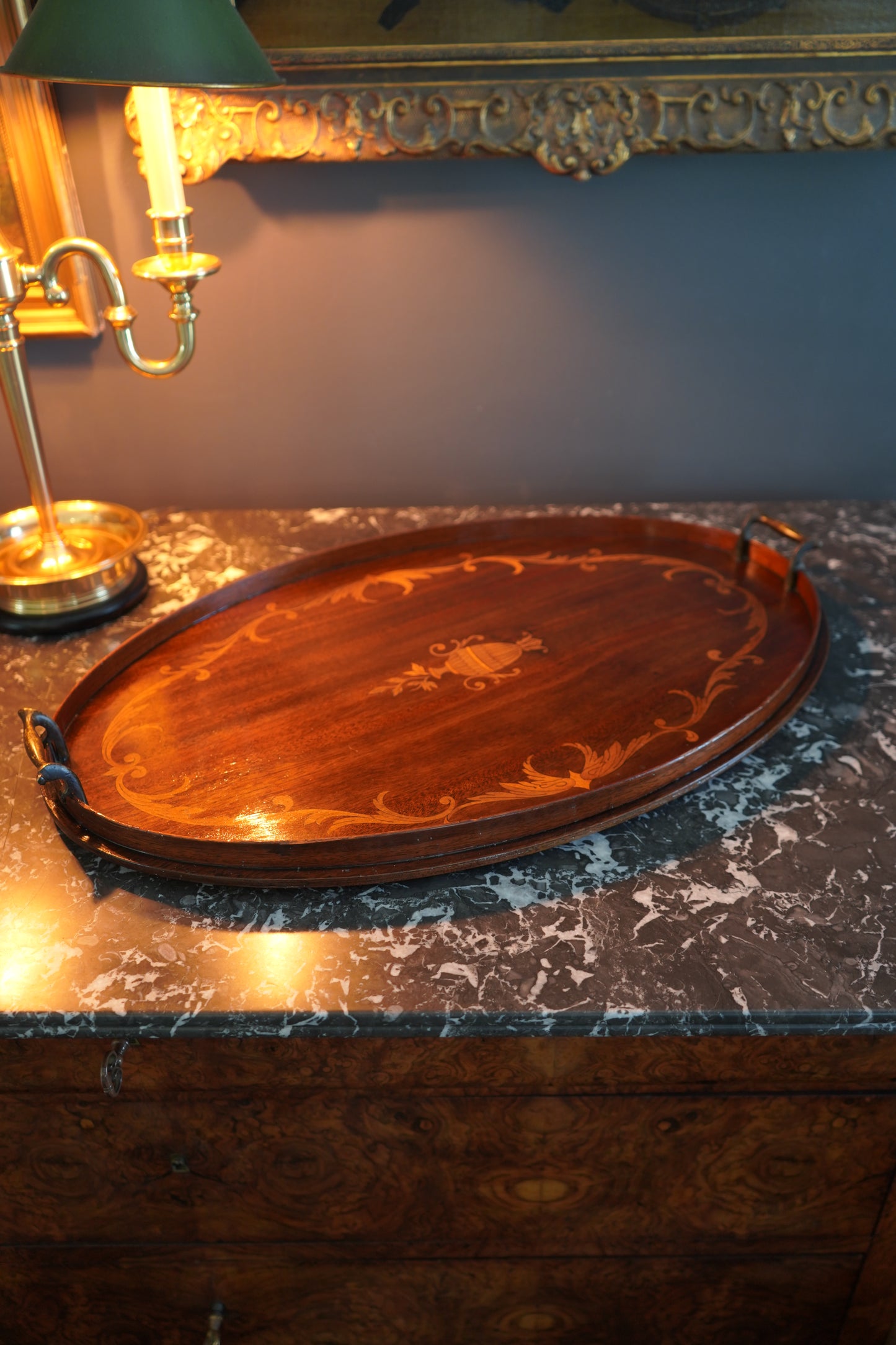 Edwardian Inlaid Mahogany Tray with Marquetry Urn Motif & Brass Handles, c.1900