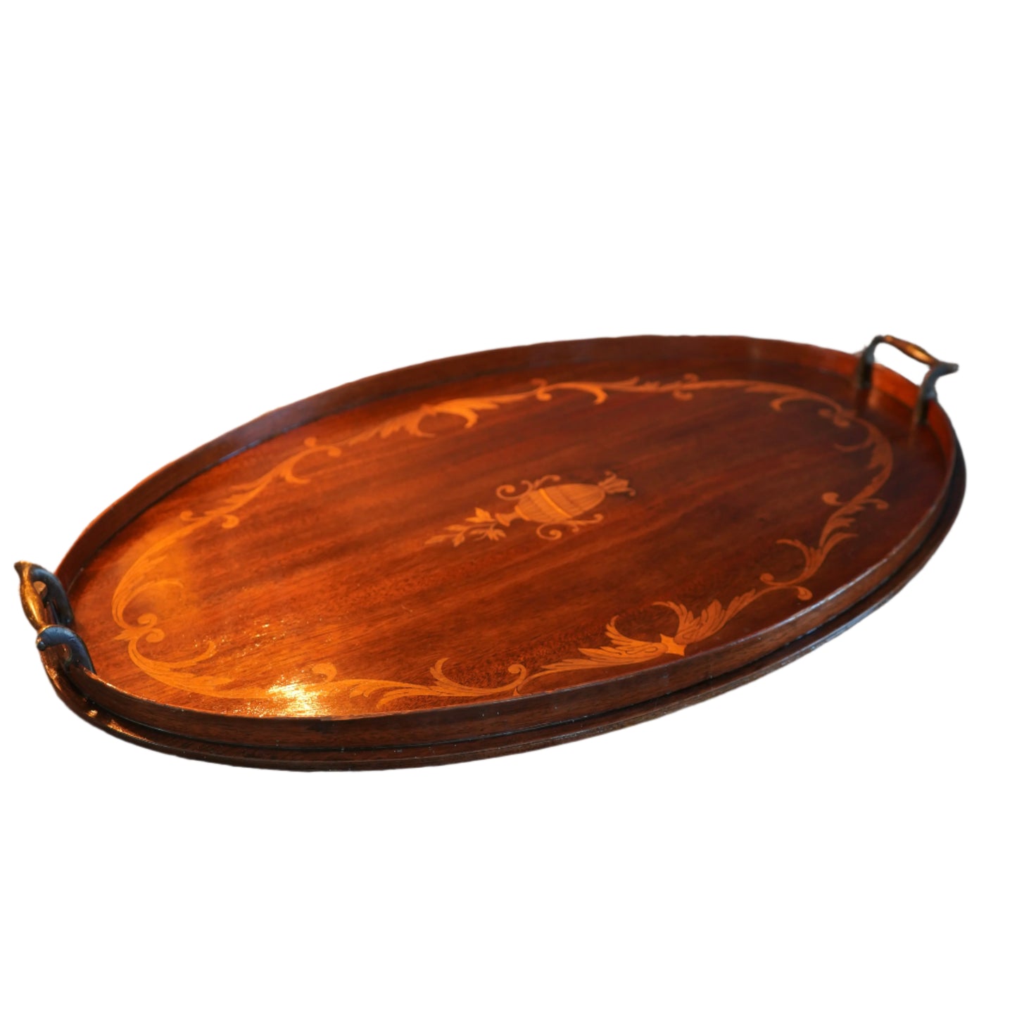 Edwardian Inlaid Mahogany Tray with Marquetry Urn Motif & Brass Handles, c.1900