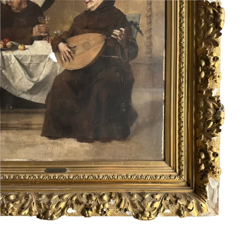 Late 1800s Monk Oil Painting Attributed to Heinrich Weber (1843-1913) in Ornate Gilded Frame