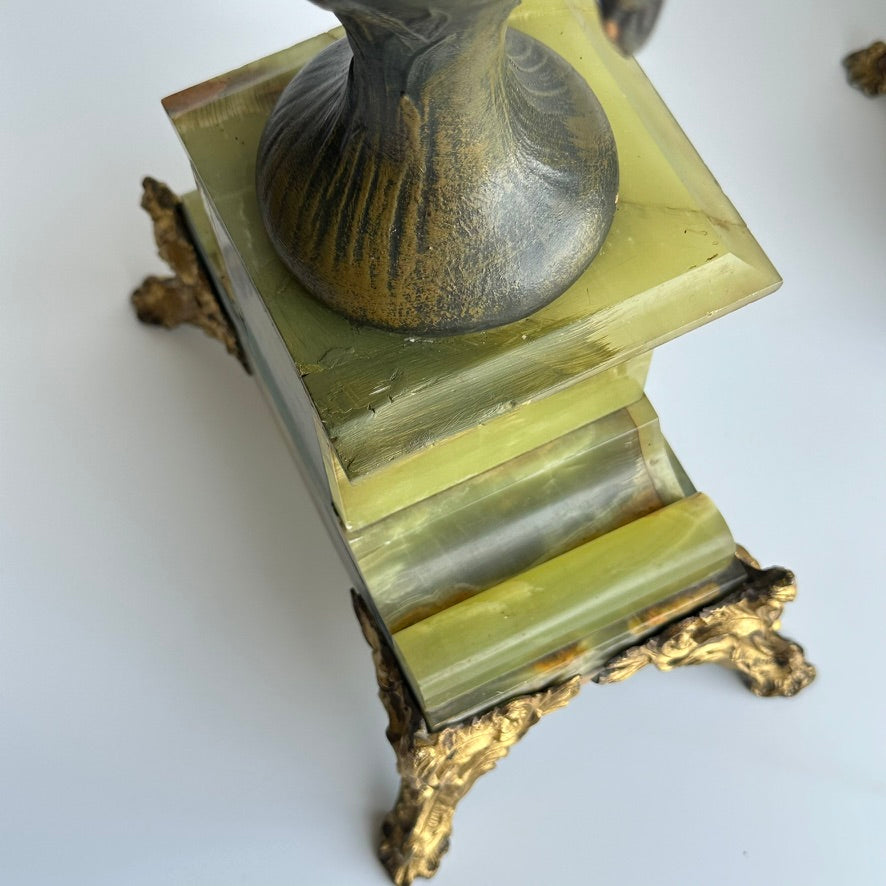 ^ Pair of Antique French Neoclassical Spelter and Onyx Urns with Gilt Brass Accents