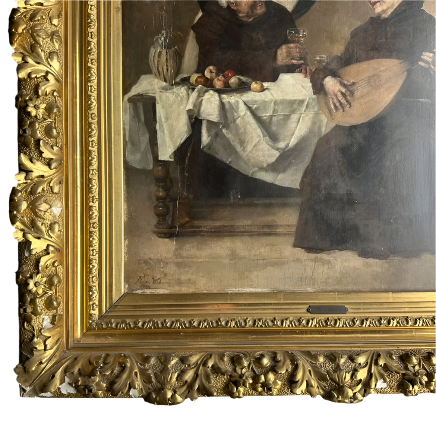Late 1800s Monk Oil Painting Attributed to Heinrich Weber (1843-1913) in Ornate Gilded Frame