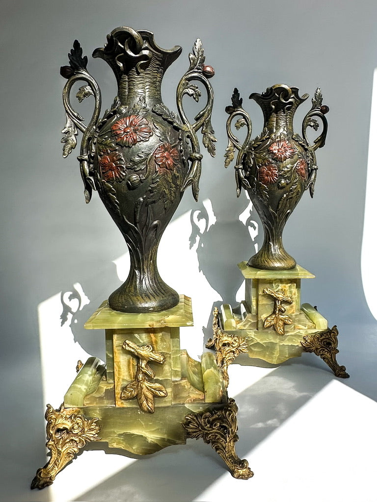 ^ Pair of Antique French Neoclassical Spelter and Onyx Urns with Gilt Brass Accents