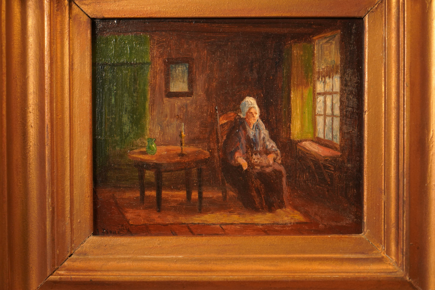Antique Victorian Interior Scene Oil on Board, Small Antique English Oil Painting