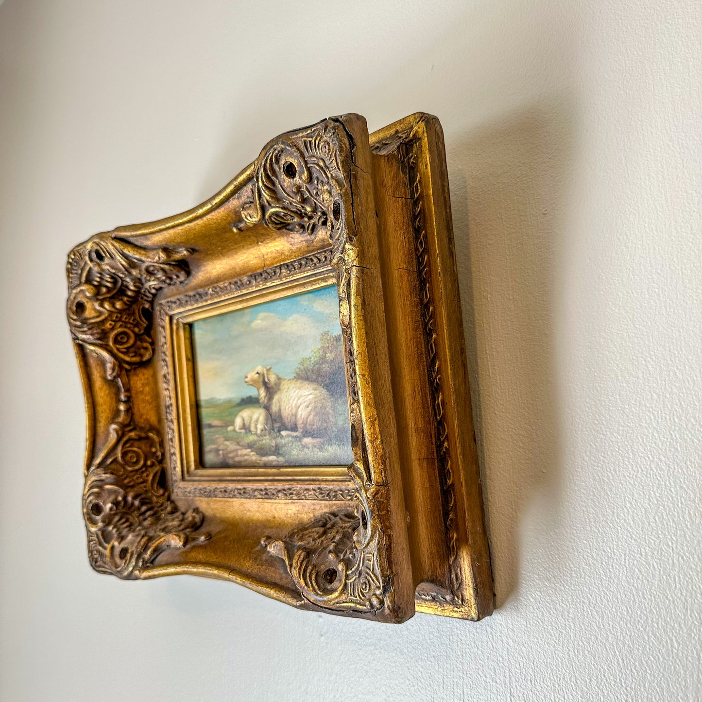 Framed Pastoral Sheep Painting, Vintage Decorative Oil on Board