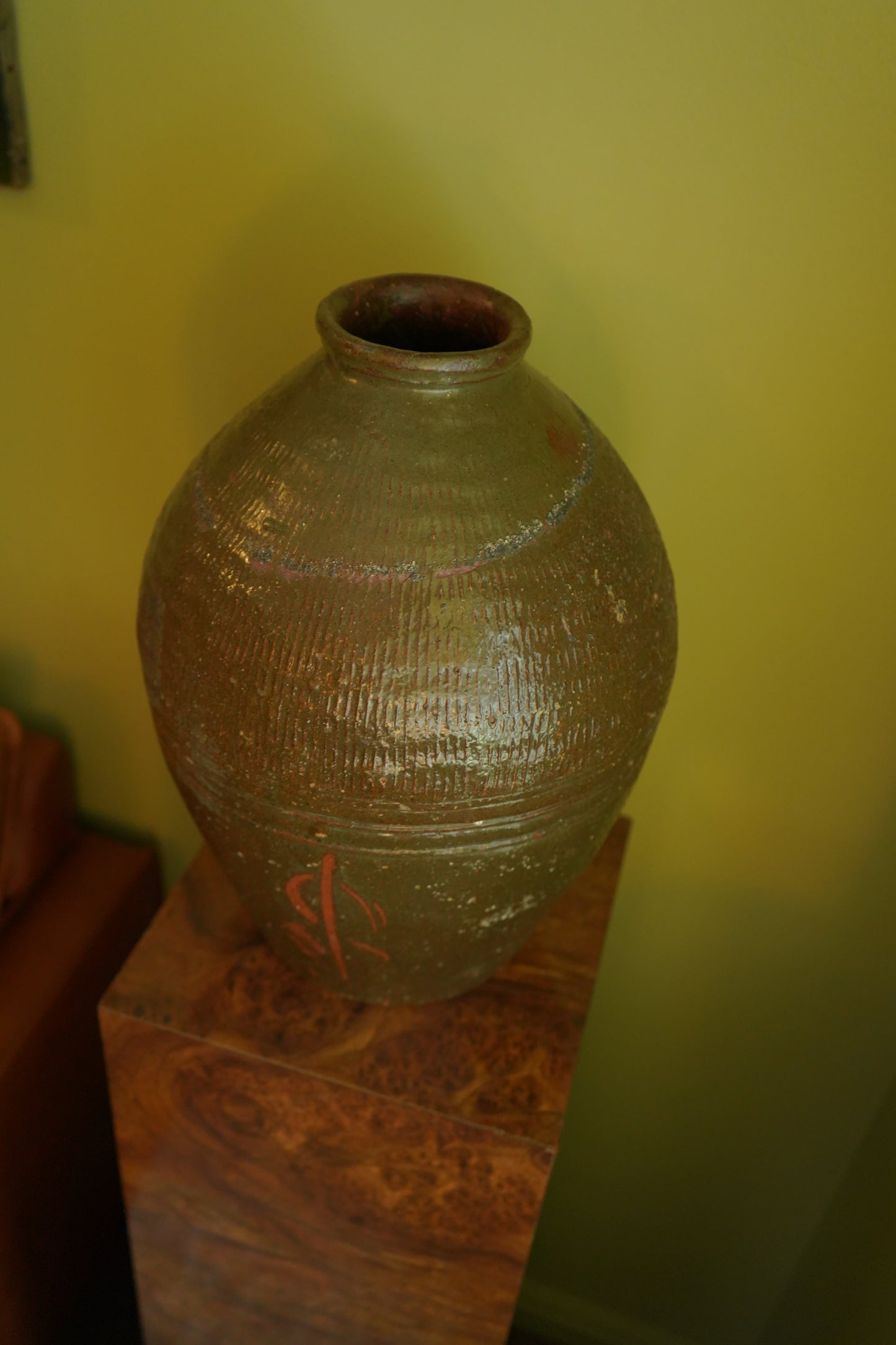 Vintage Green Asian Mijiu Jar, Large Vintage Chinese Oil Jar