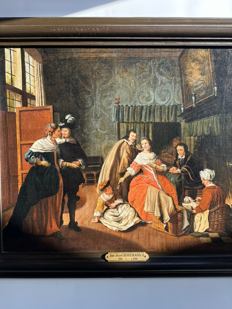 "Meeting in the Parlour" Oil on Canvas Attributed to Jan Josef Horemans (Belgium artist, 1714-1790)