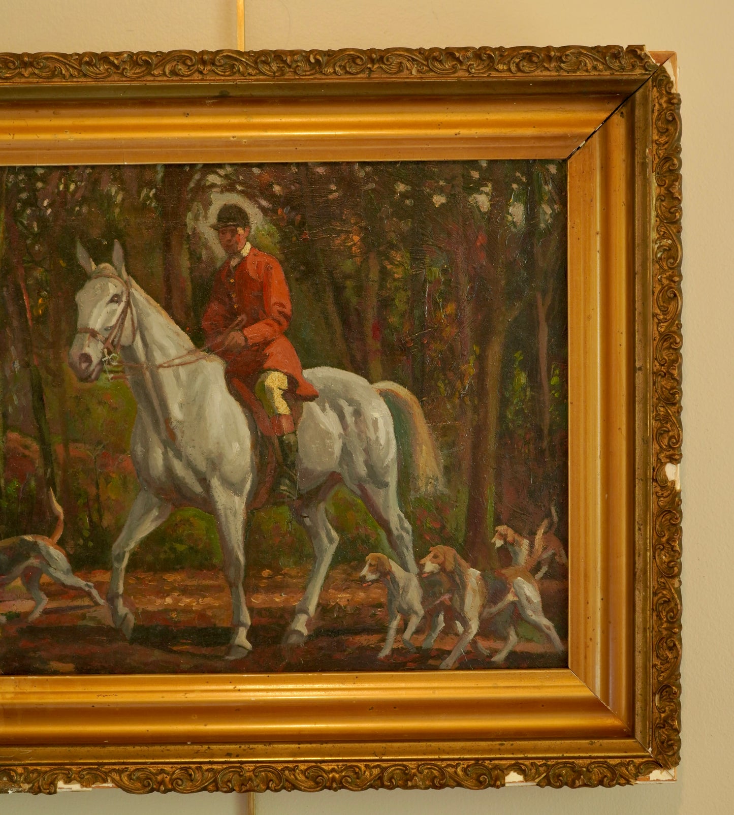 “Fox Hunt” Original British Sporting Art by Geoffrey Mortimer (1895–1986) – Mid 20th-Century British Equestrian Oil Painting in Antique Gilt Frame
