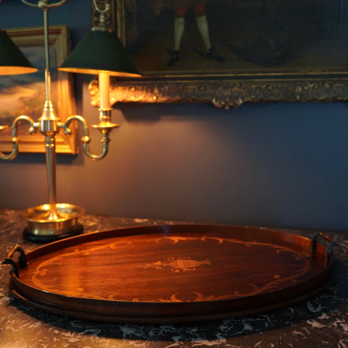 Edwardian Inlaid Mahogany Tray with Marquetry Urn Motif & Brass Handles, c.1900