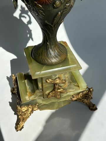 ^ Pair of Antique French Neoclassical Spelter and Onyx Urns with Gilt Brass Accents