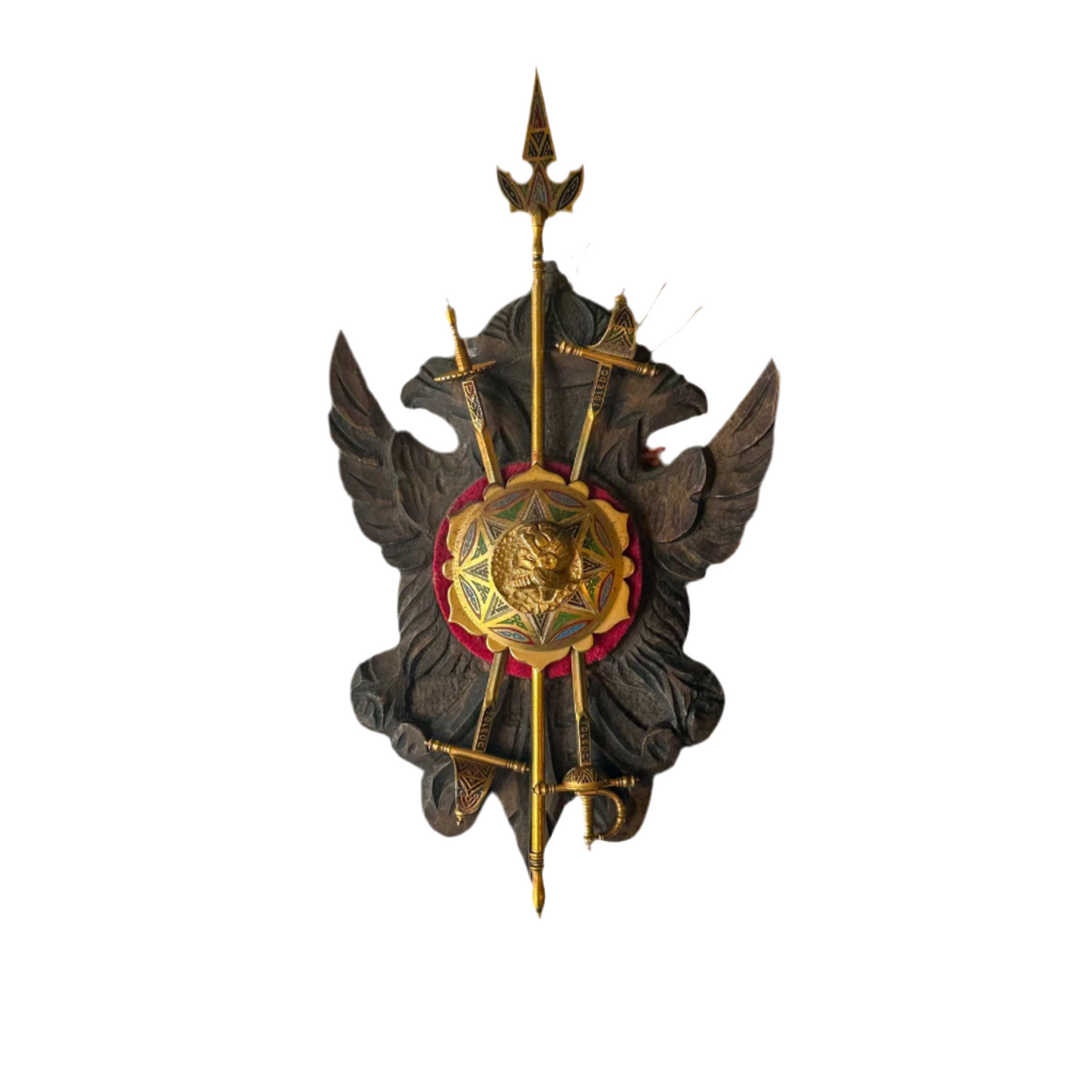 Mid-Century Spanish Toledo Miniature Armory Wall Plaque | Hand-Carved Heraldic Crest with Swords, Shield & Spear