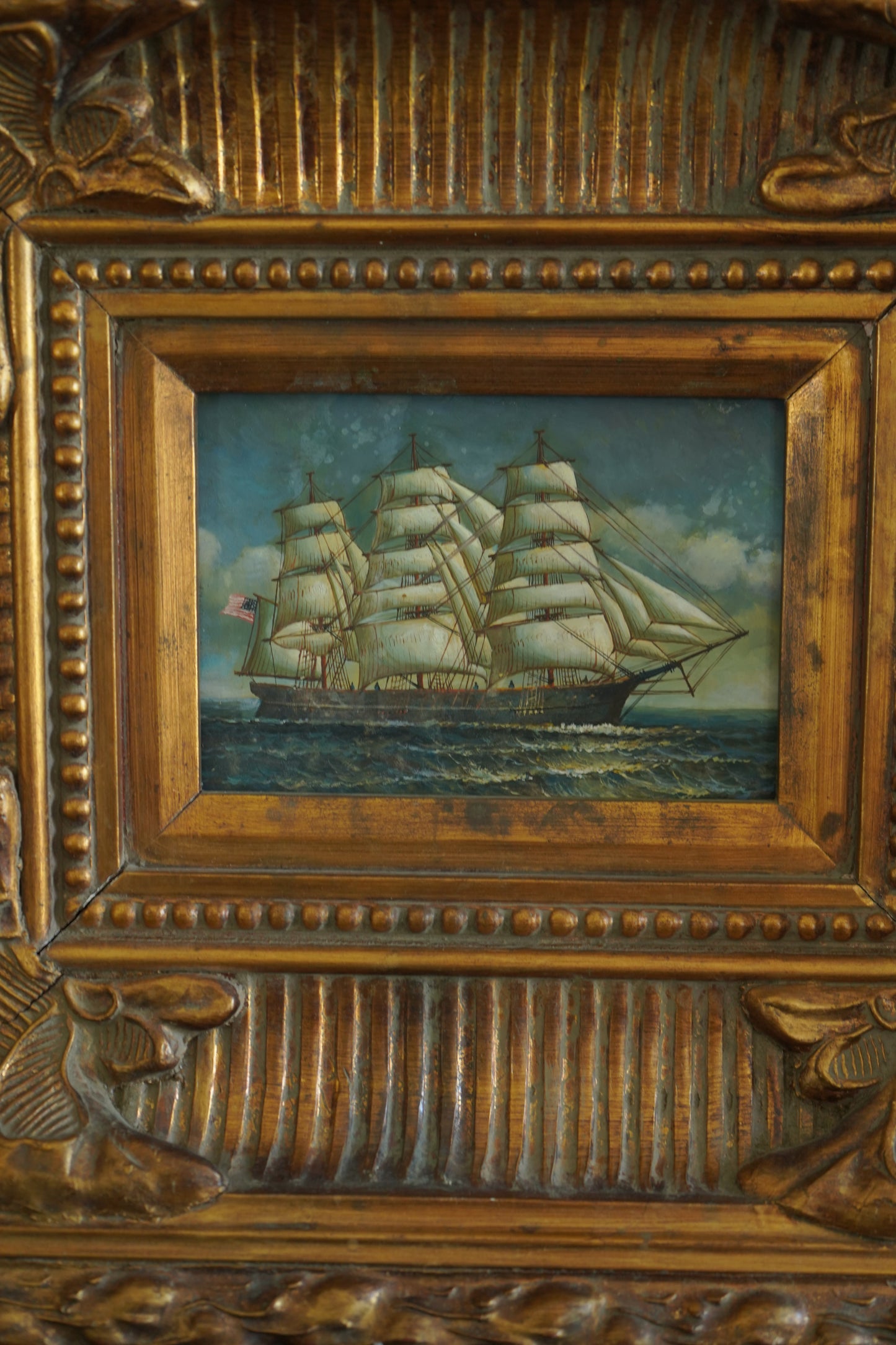 Mid-Century Hand-Painted Maritime Oil on Board in Ornate Carved Frame | American Clipper Ship Scene