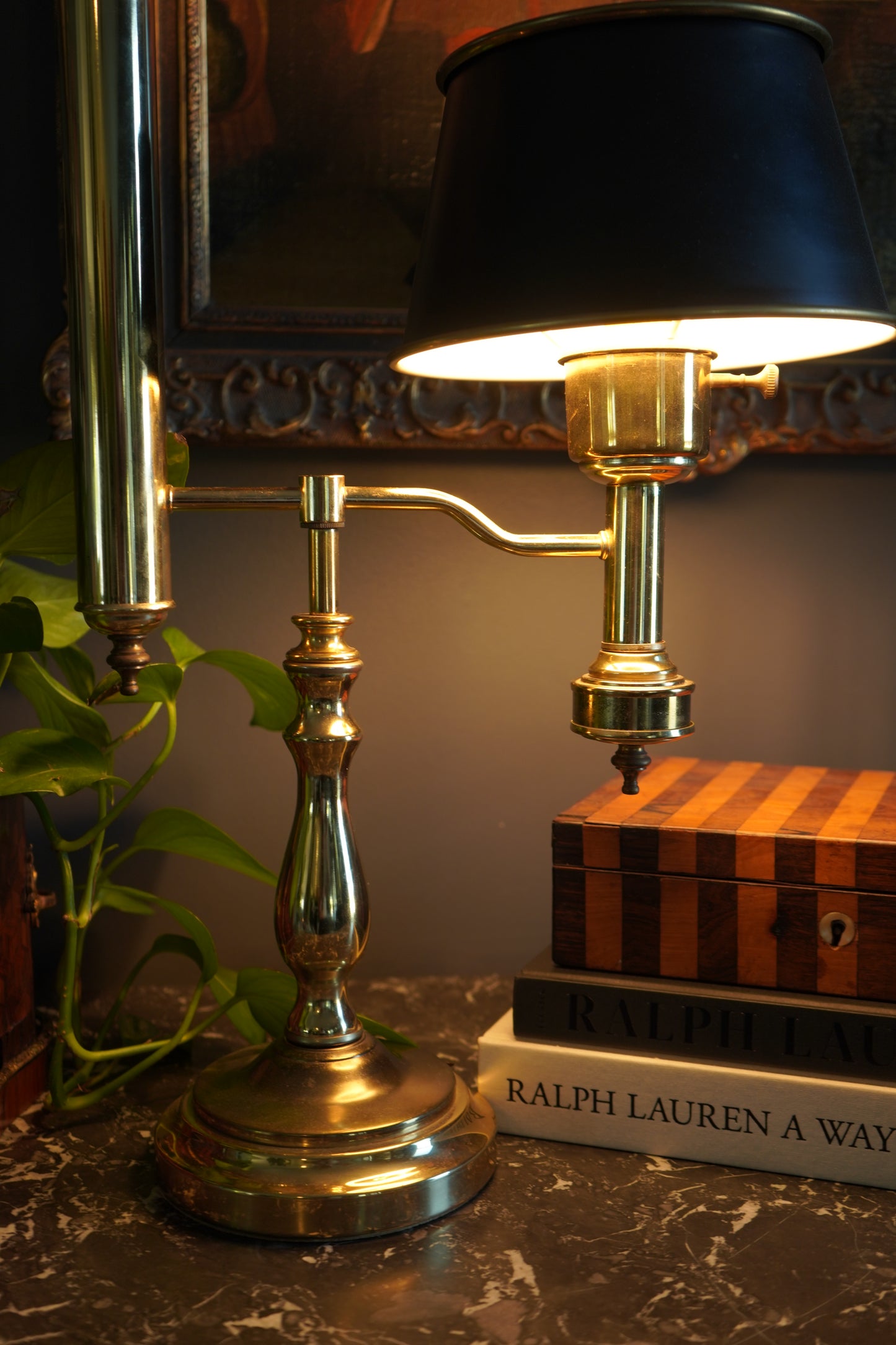Vintage Brass Student Lamp with Metal Shade, Large