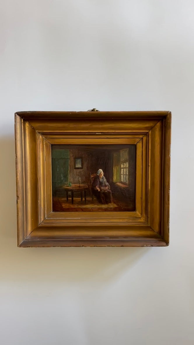 Antique Victorian Interior Scene Oil on Board, Small Antique English Oil Painting