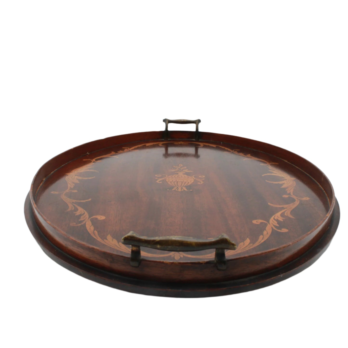 Edwardian Inlaid Mahogany Tray with Marquetry Urn Motif & Brass Handles, c.1900