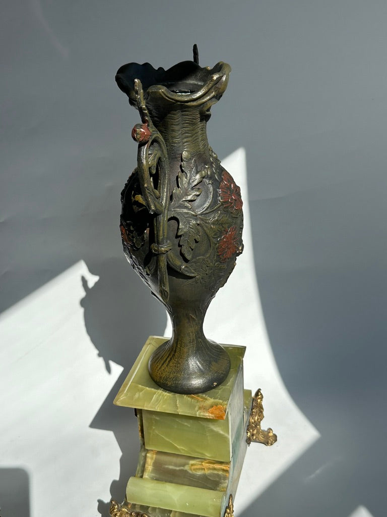 ^ Pair of Antique French Neoclassical Spelter and Onyx Urns with Gilt Brass Accents