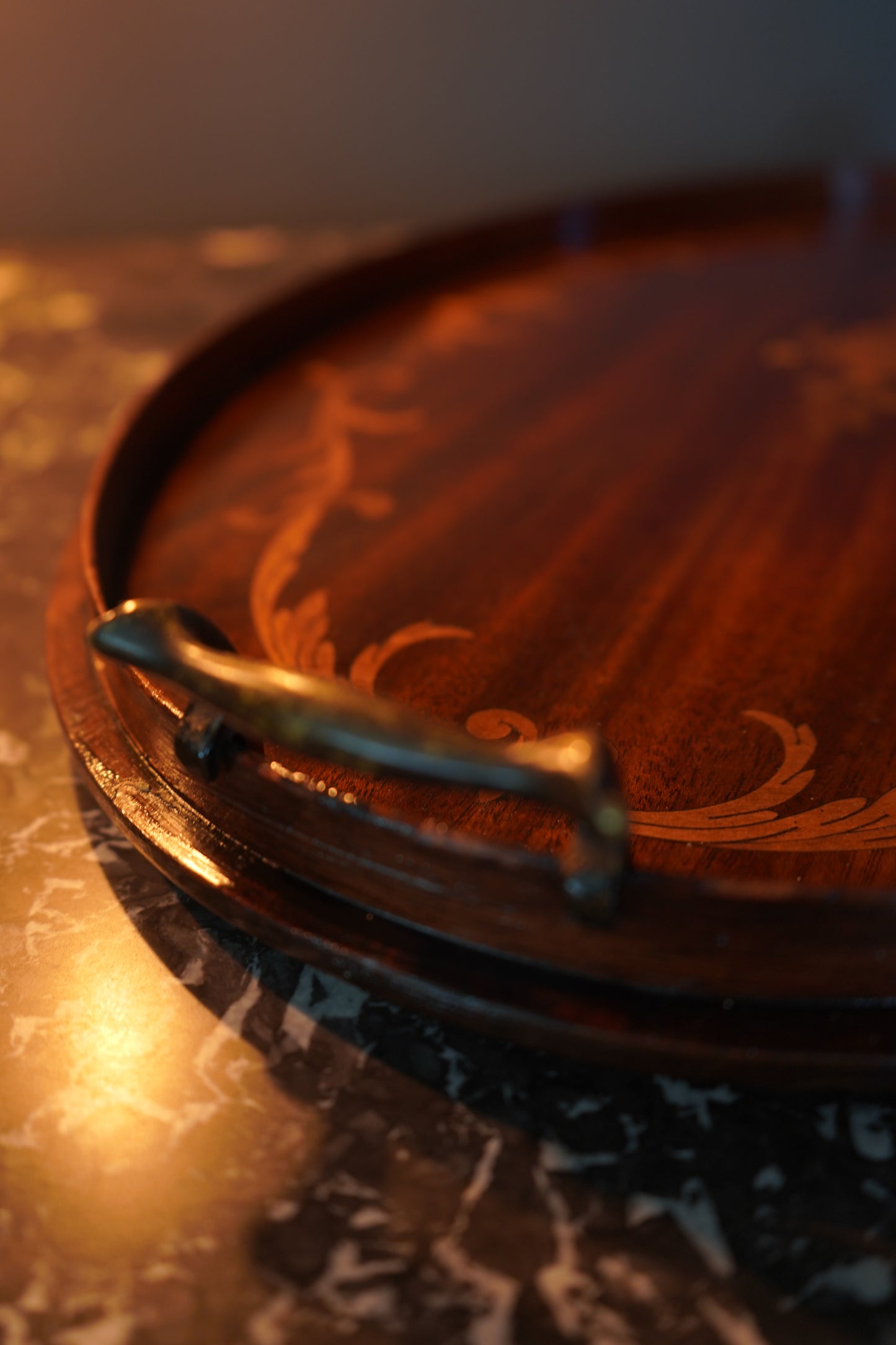 Edwardian Inlaid Mahogany Tray with Marquetry Urn Motif & Brass Handles, c.1900