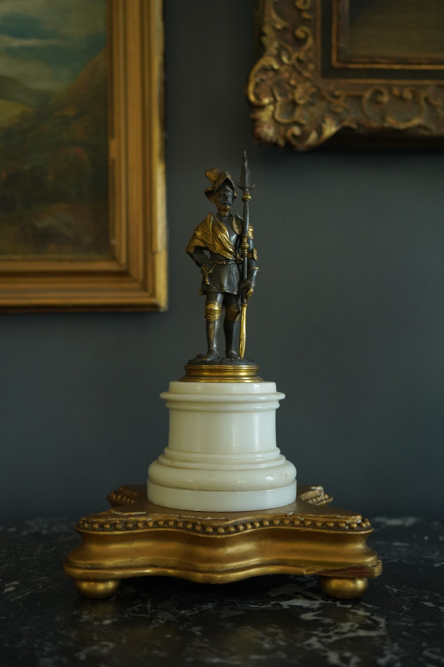 Small Antique French Soldier on White Marble Base, Late 19th Century